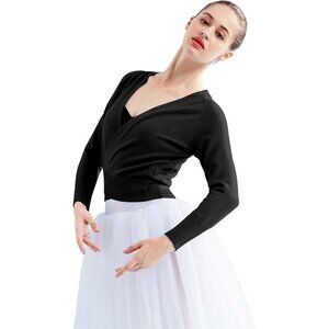 Women Wrap Dance Sweater Knitted Cotton V Neck Ballet Warm-Up Jacket